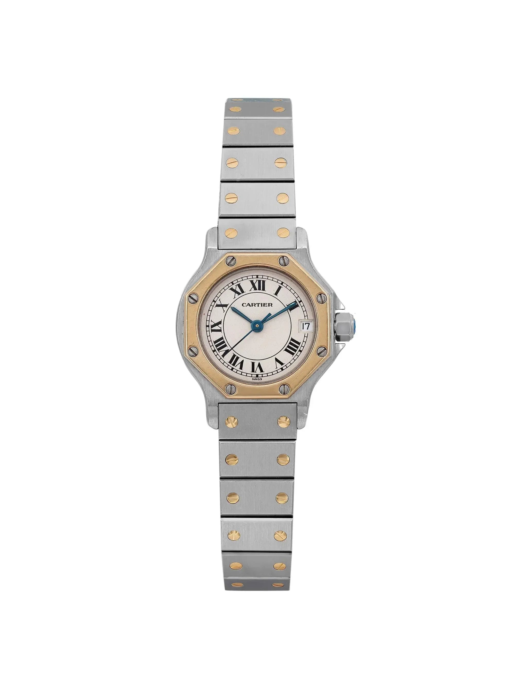 Pre-owned Cartier Santos Octagon 18K Yellow Gold Steel Cream Watch 187903 (Good)