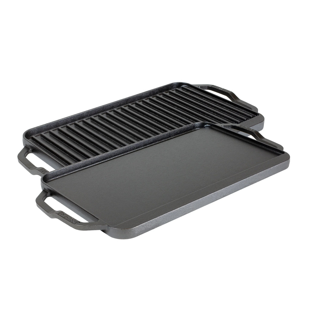 Lodge Chef Collection Cast Iron Reversible Grill/Griddle - Flat Cast Iron Griddle & Grill for Stovetop, Oven, Grill, or Open Fire - Double Burner Cast Iron Skillet with Handles