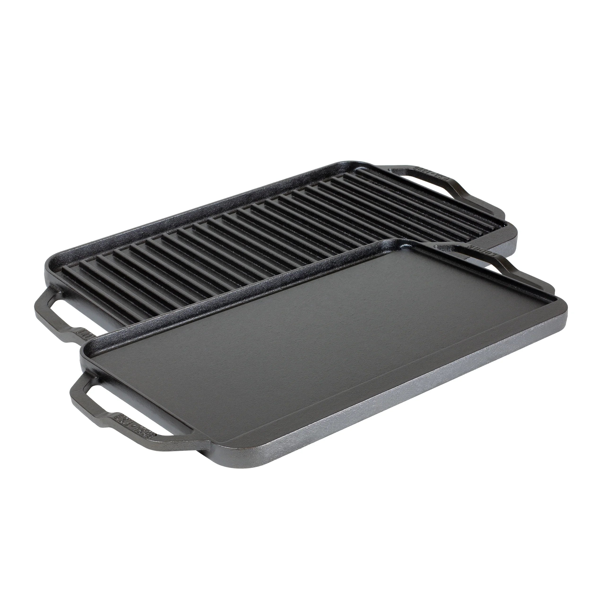 Lodge Chef Collection Cast Iron Reversible Grill/Griddle - Flat Cast Iron Griddle & Grill for Stovetop, Oven, Grill, or Open Fire - Double Burner Cast Iron Skillet with Handles