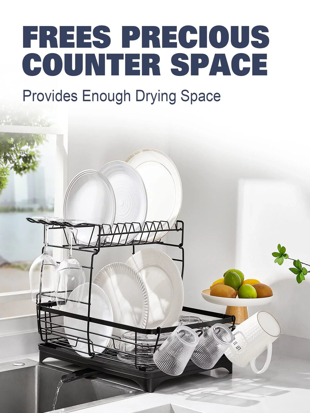 2 Tier Dish Drying Rack for Kitchen Counter, Extra Large Black