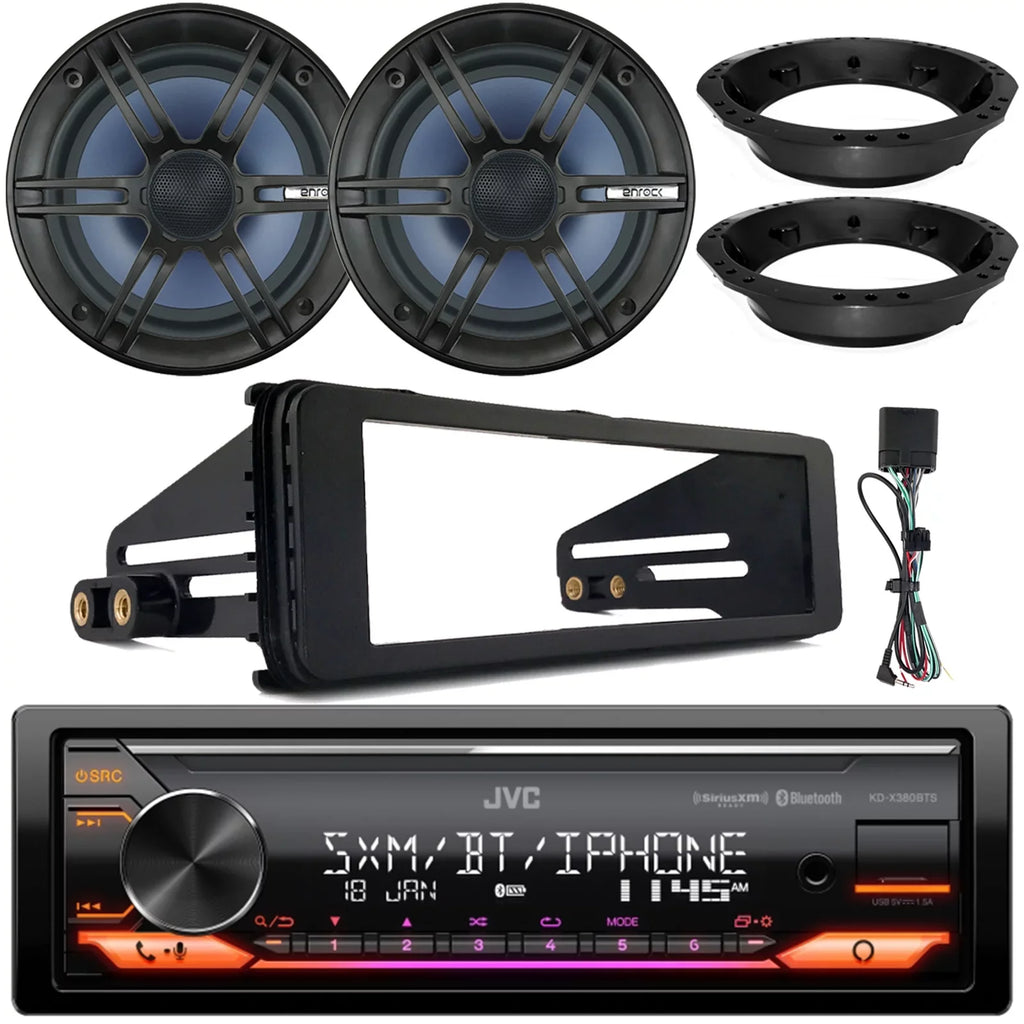 JVC KD-X380BTS Single DIN Bluetooth USB AUX AM/FM Radio Stereo LED SiriusXM Ready Amazon Alexa Car Audio Receiver, 2x Enrock 6.5" Speakers with Adapters, FLHX FLHTC Install Harley Dash Kit