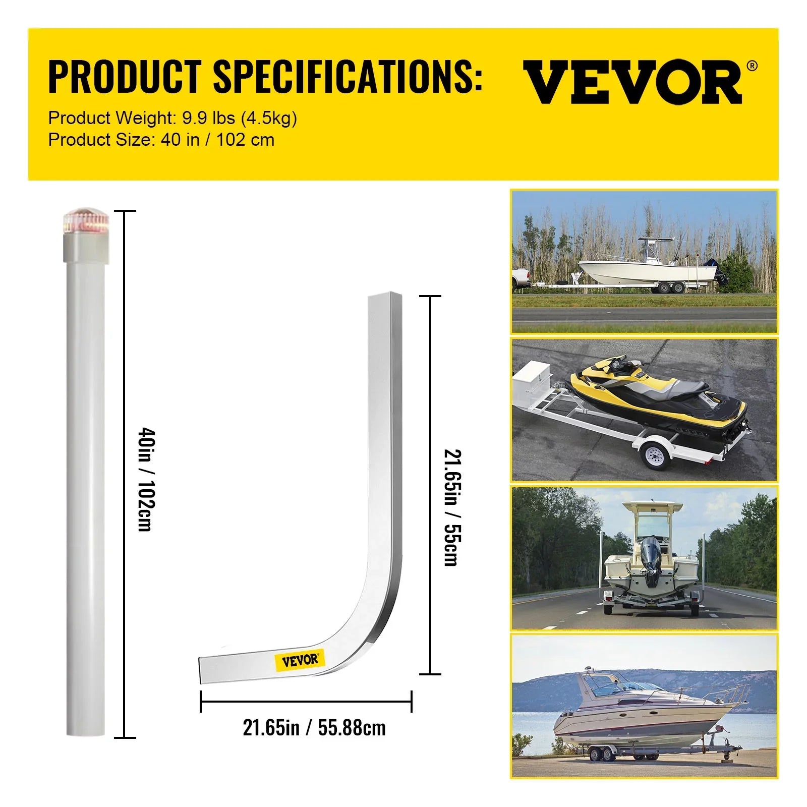 VEVORbrand Ship Trailer Guide-on, 40", 2pcs Galvanized Steel Trailer Post Guide on, with LED-Lighted PVC Tube Protection Mounting Hardware Included, for Ski Ship Fishing Watercraft or Watercraft Trailer