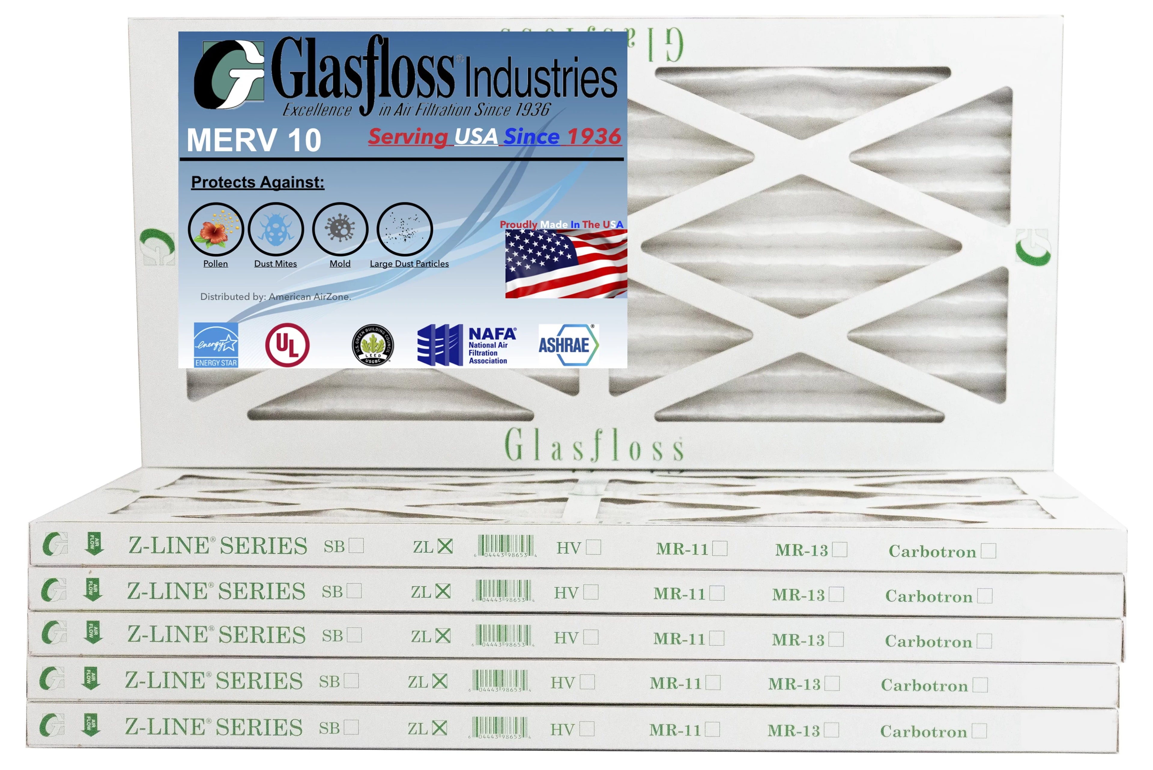 Glasfloss 8x20x1 - MERV 10 -Qty:6 - Furnace Air Filter - Made in USA (Actual Size: 7.5 x 19.5x7/8 inch)