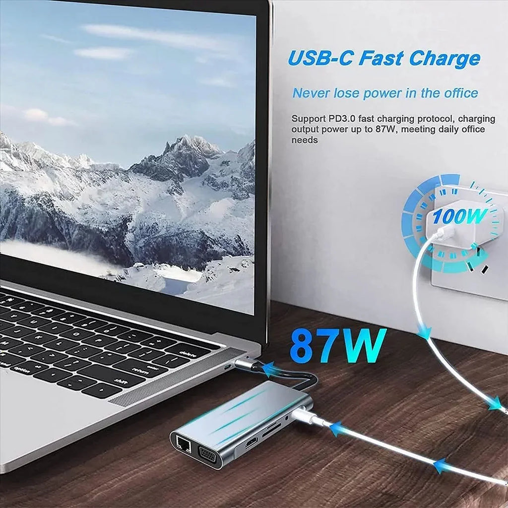 Kidsol USB C Laptop Docking Station 11-in-1 Multi-Port with 4K HDMI, VGA,Type-C PD100W Power,USB A*4, Gigabit Fitting with Lenovo HP MacBook Pro,Air 3.5mm Ports