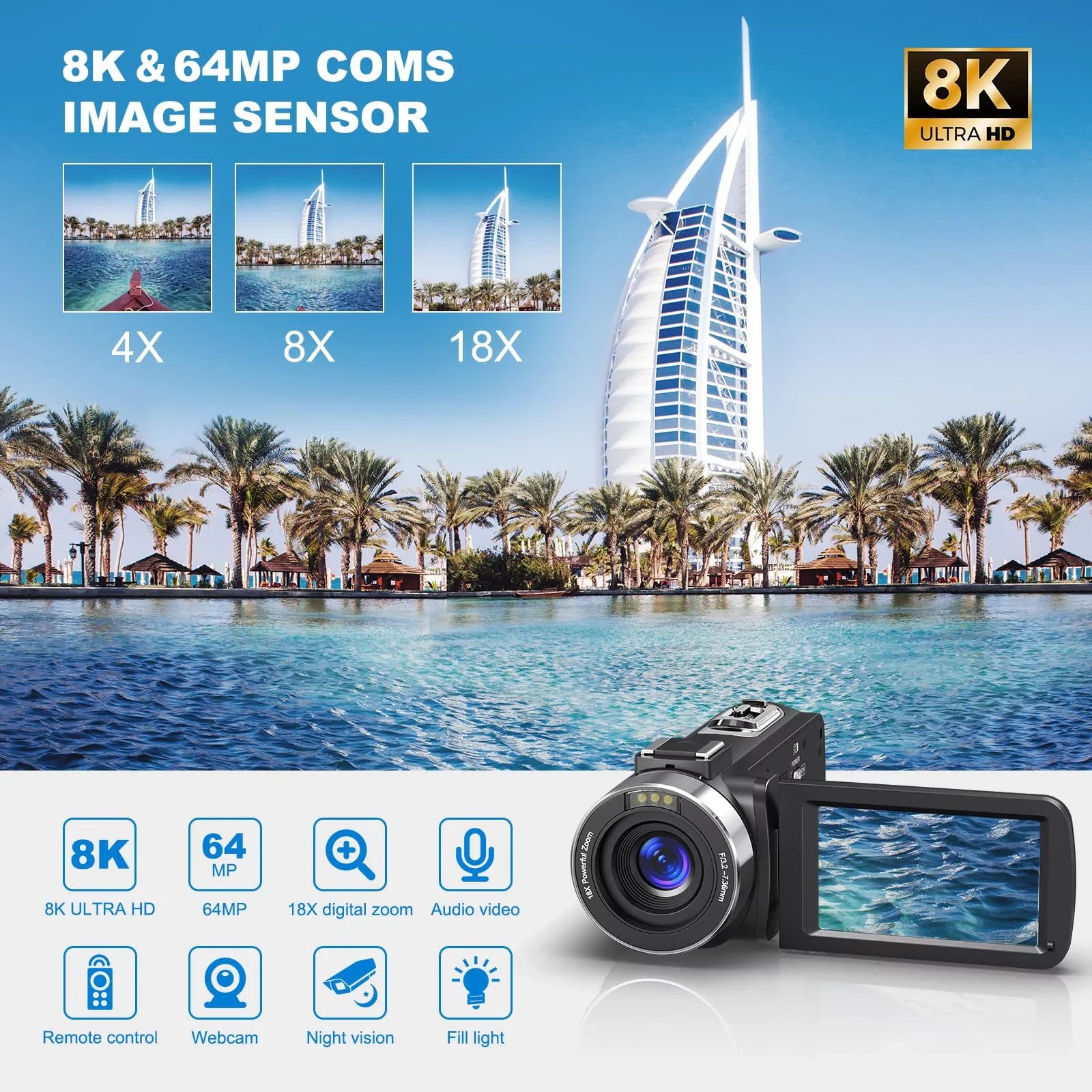 MARVUE 8K Video Camera 64MP 18X Digital Camera Video Camera for Youtube 3.0 inch Flip Screen Camcorder Vlogging Camera with 32GB SD Card, 2.4G Remote Control, Two Batteries and External Mic