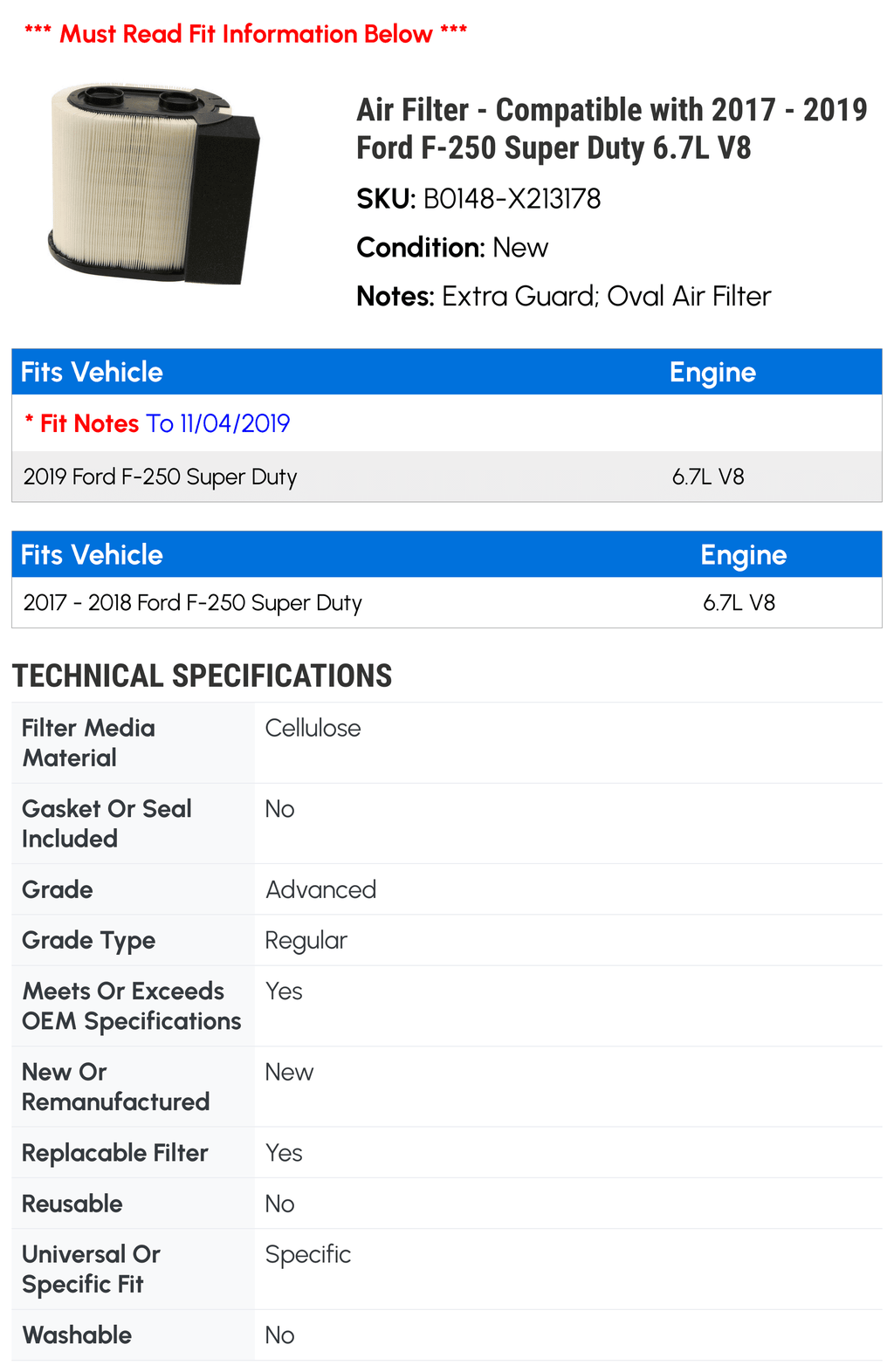Air Filter - Suitable with 2017 - 2019 Ford F-250 Super Duty 6.7L V8 2018