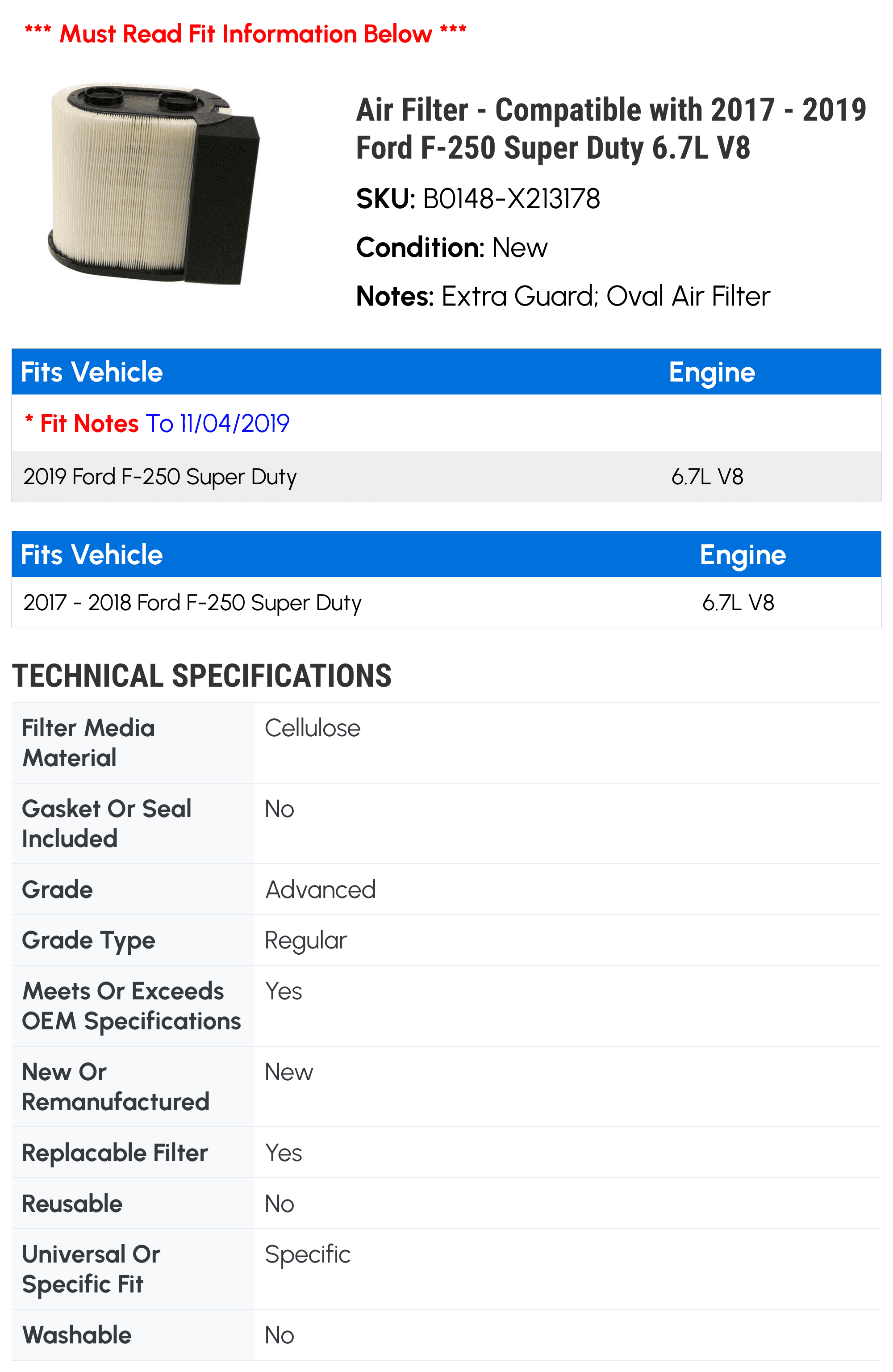Air Filter - Suitable with 2017 - 2019 Ford F-250 Super Duty 6.7L V8 2018