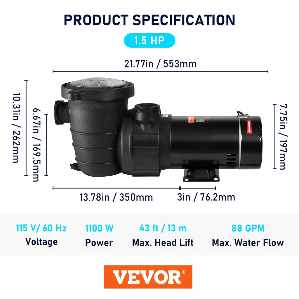 Happybuy Swimming Pool Pump, 1.5HP 115V, 1100W Single Speed Pumps for Above Ground Pool w/ Strainer Basket, 5280GPH Max. Flow, Certification of ETL