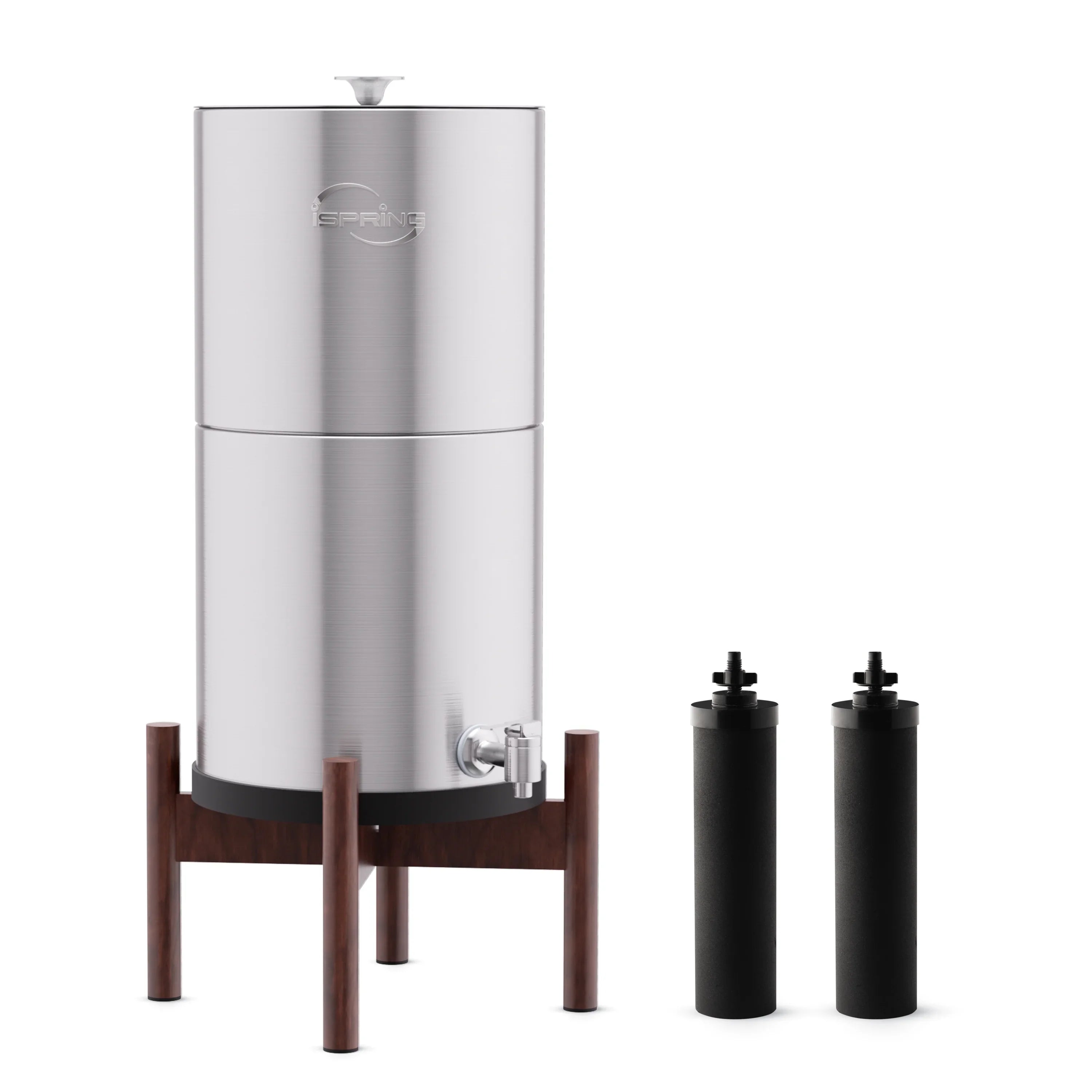 iSpring DGF2-DW Gravity-Fed Stainless Steel Countertop Water Filter System with Dark Wood Base,3.17 Gallons with 2 Activated Carbon Water Filters,Chlorine Reduction,Portable Water Filter