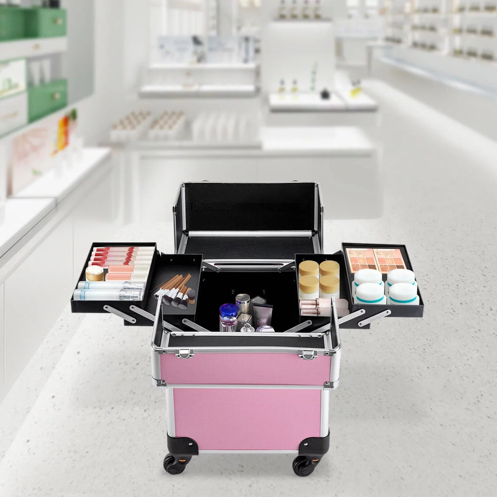 ZhdnBhnos Professional Rolling Extendable Makeup Train Case Cosmetic Trolley Storage Box Organizer (Pink)