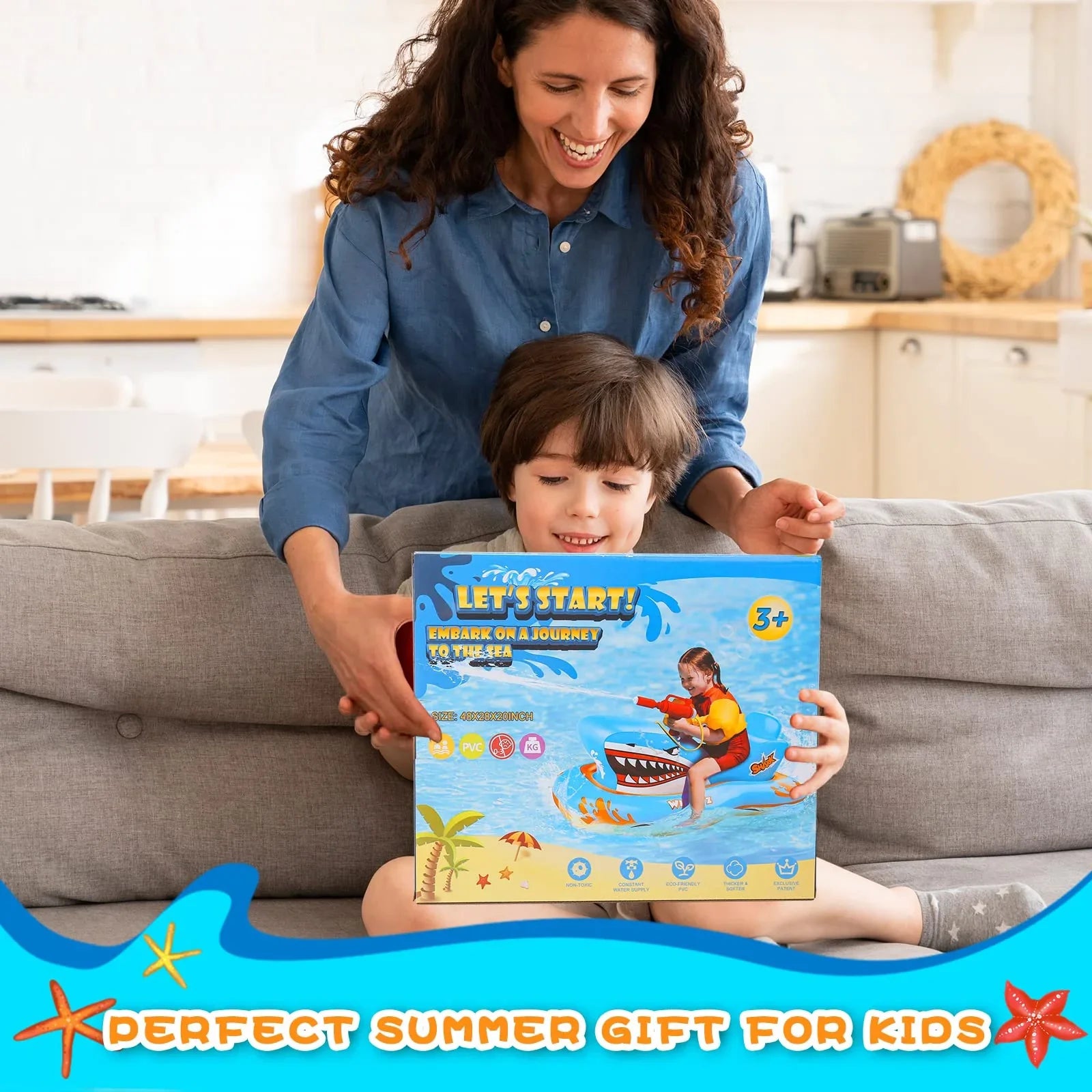 Pool Floats for Kids,Shark Ride-on Pool Toys with Waterpistol for Kid Pool Game Boys Girls Age 3-12