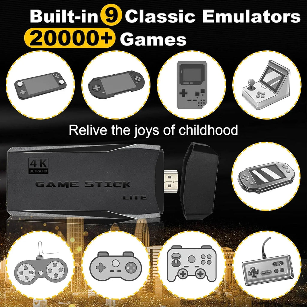 Retro Game Stick with Built-in 9 Emulators, Retro Gaming Console with 20,000+ Games, HD Output and 2.4GHz Wireless Controller for TV Plug and Play - Classic Games