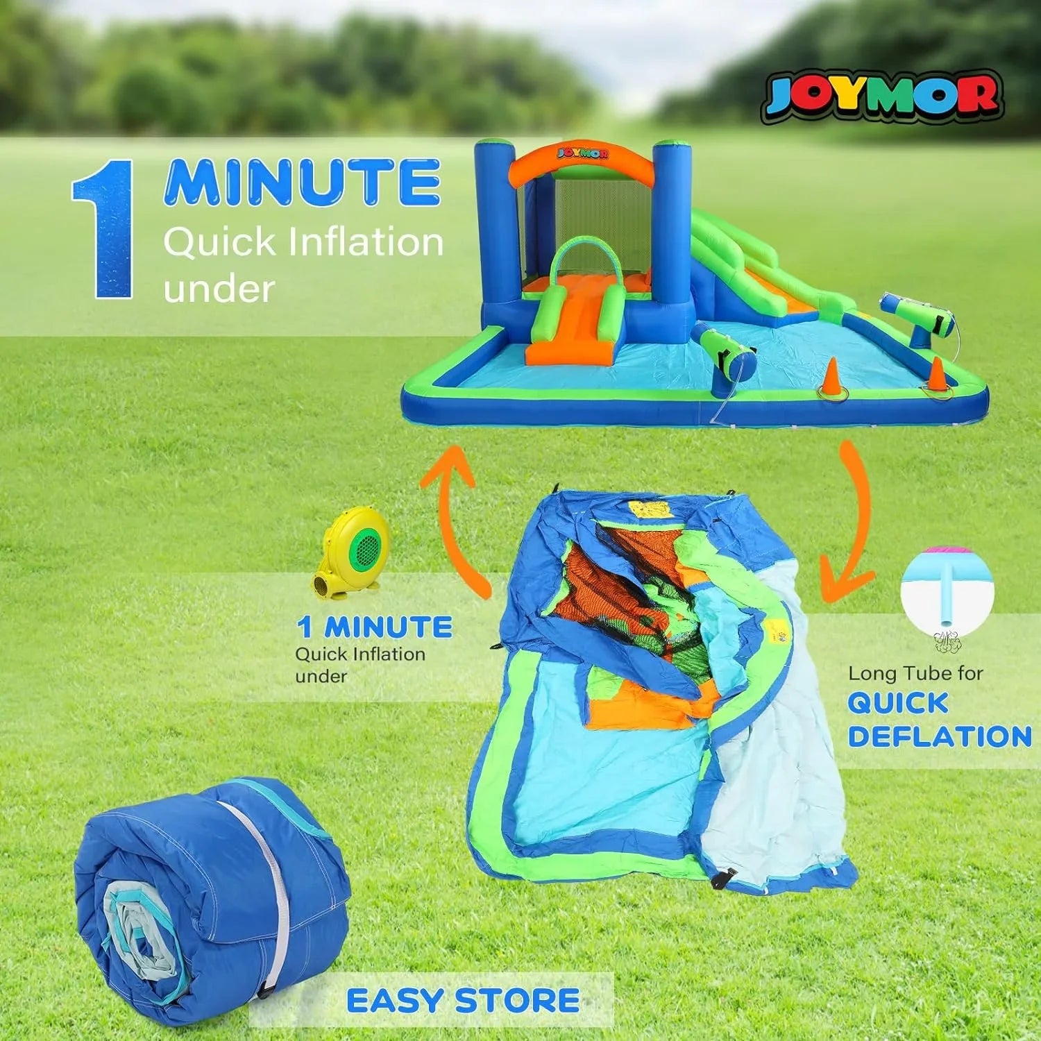 (2024 New) JOYMOR Inflatable Water Slide Bounce House for Kid 3-6, Inflatable Water Slide w/Basketball Hoop, Water Cannon, Ring-Toss Game, Inflatable Water Bounce House w/Slides, Air Blower