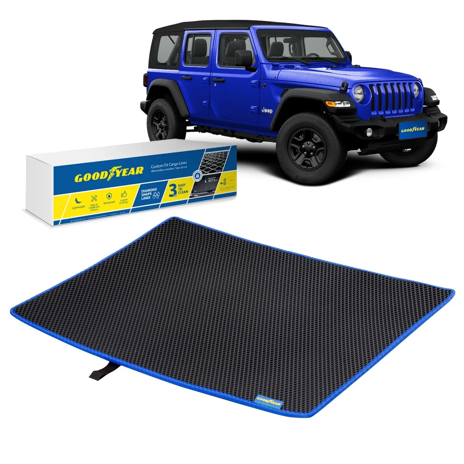 Goodyear Custom Fit Cargo Mat Liner for Jeep Wrangler 2019-2024 - Heavy Duty Trunk Liner, Dimond Shape, Luggage with Waterproof, Liquid & Dirt Trapping Technology - Anti-Slip Cargo Liner-GY004563