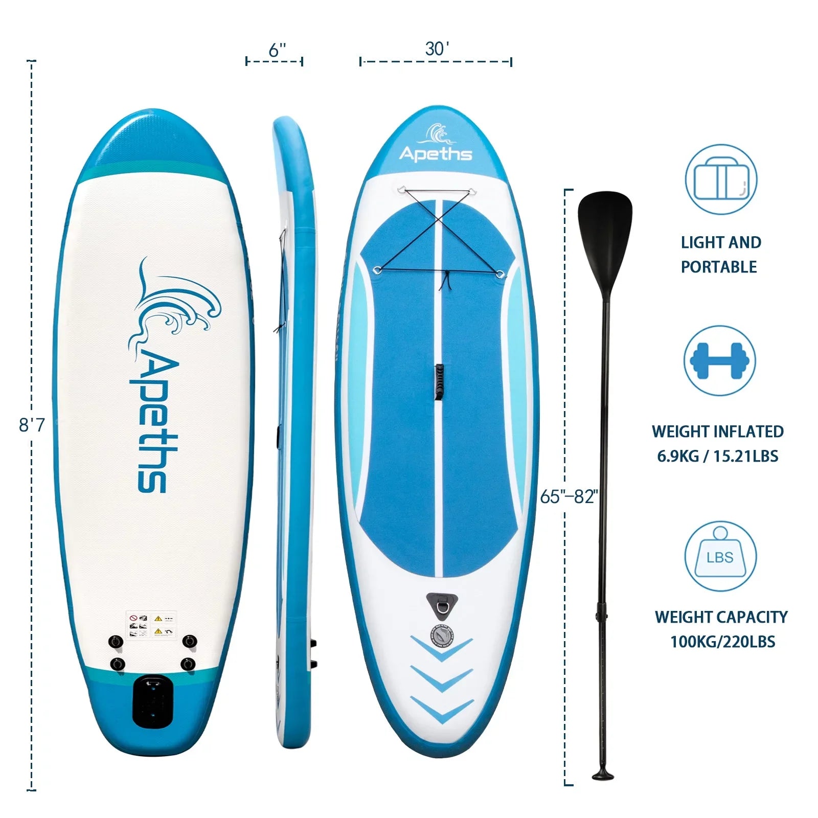APETHS Inflatable Paddle Board SUP Board 8'7" (6 inch Thick) Stand Up Paddle Board for Adults with Accessories 3 Fins, Adjustable Paddle, Pump & Carrying Backpack