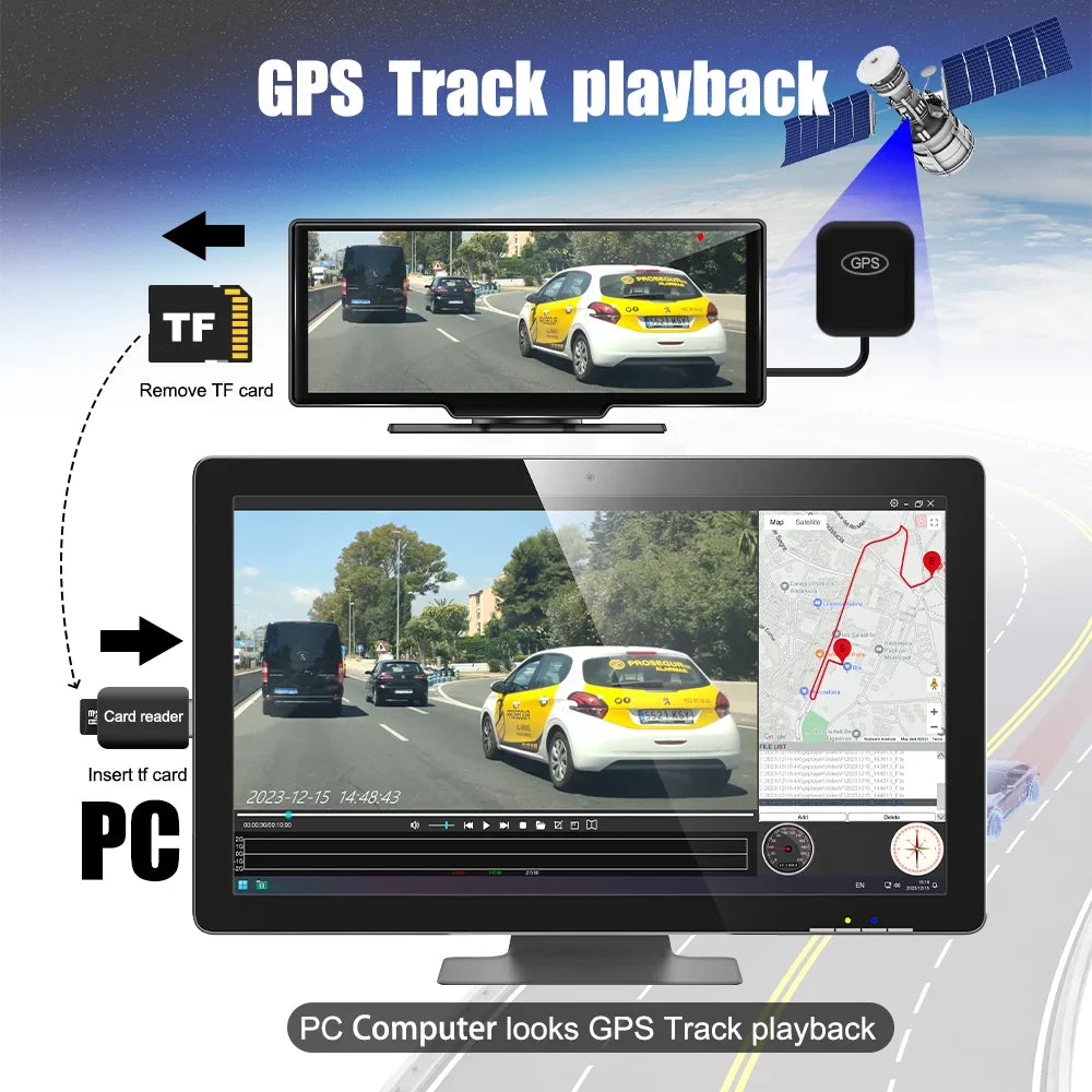 Adas Dash Cam 4K DVR 10.26" IPS with touch Screen 2 cameras for Front and Back recording Apple CarPlay , Android Auto Portable Navigation