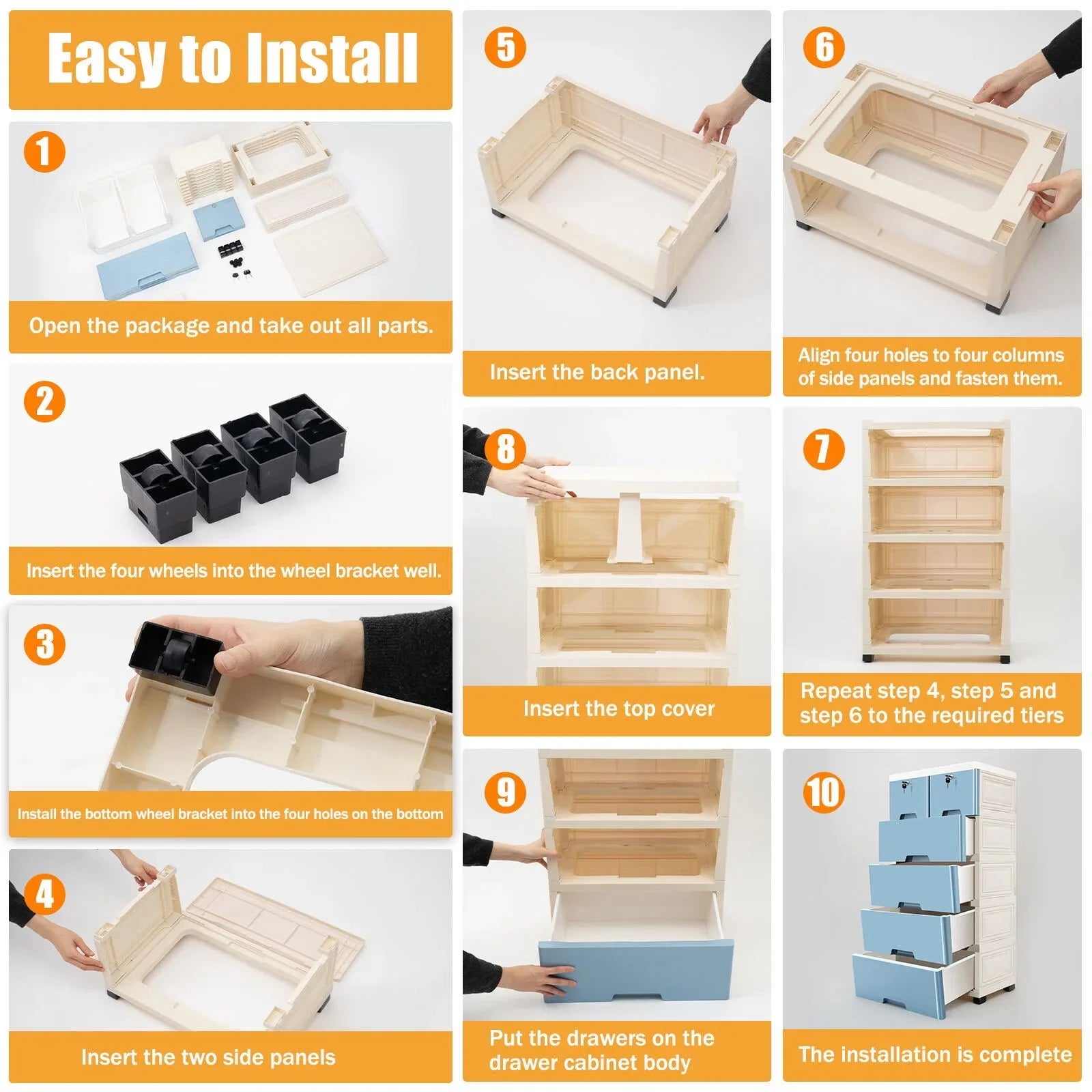 WUZSTAR 6 Drawer Plastic Storage Tower Closet Organizer with 4 rollers for Home, Office (Blue)